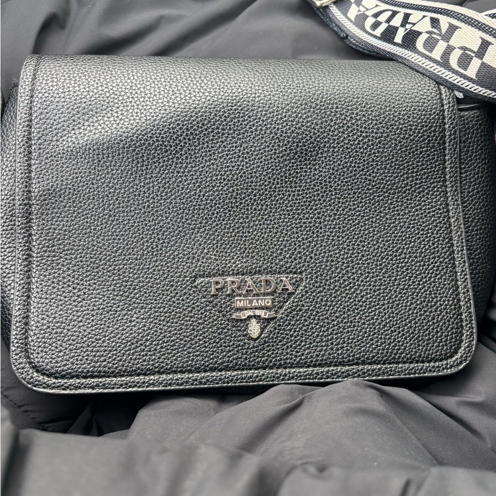 Prada Black Pebbled Leather Crossbody with Branded Woven Strap